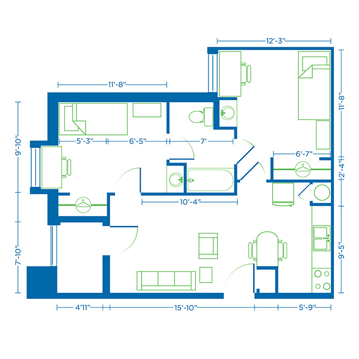 Blueprint showing college housing living space.