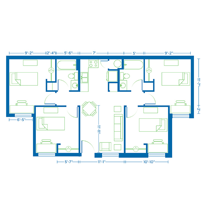 Blueprint showing college housing living space.