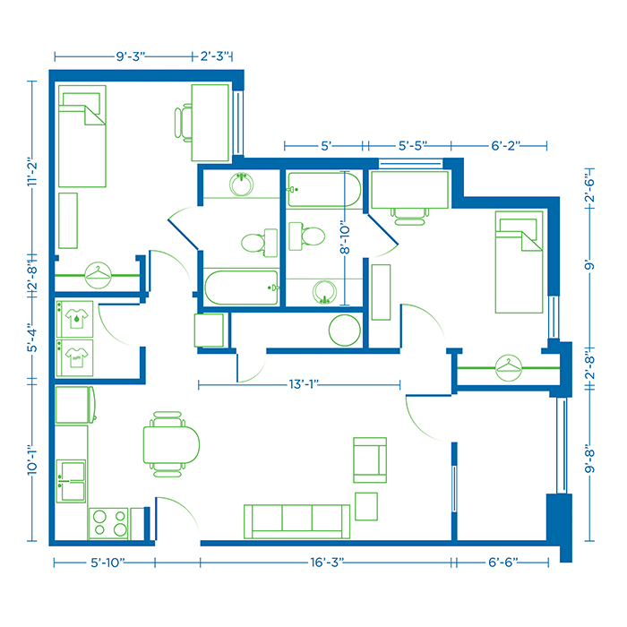 Blueprint showing college housing living space.