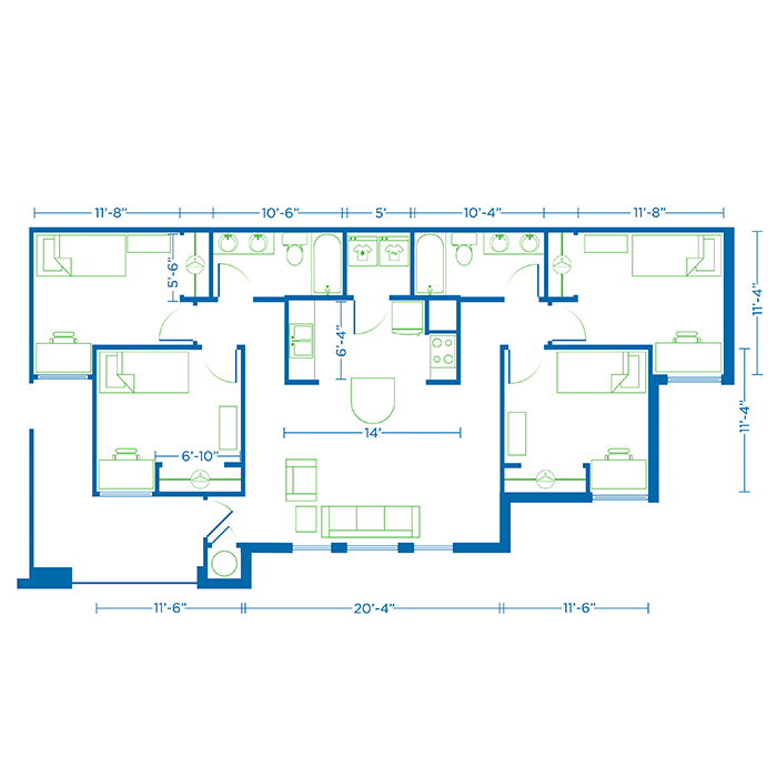 Blueprint showing college housing living space.