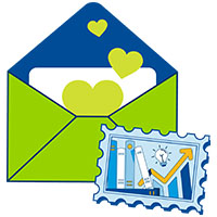 Open envelope blue stamp with money symbols