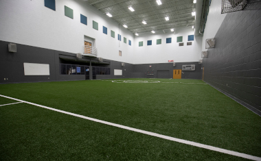 Pedagogy indoor gym with turf grass in it