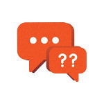 Two orange thought bubbles, one with three dots, and one with two question marks.