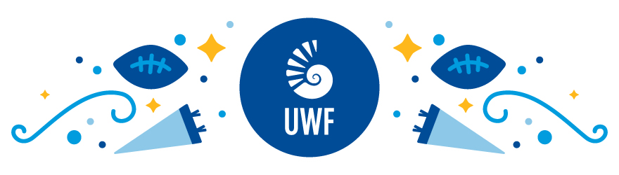 Header with UWF Nautical Shell, Footballs and Flags