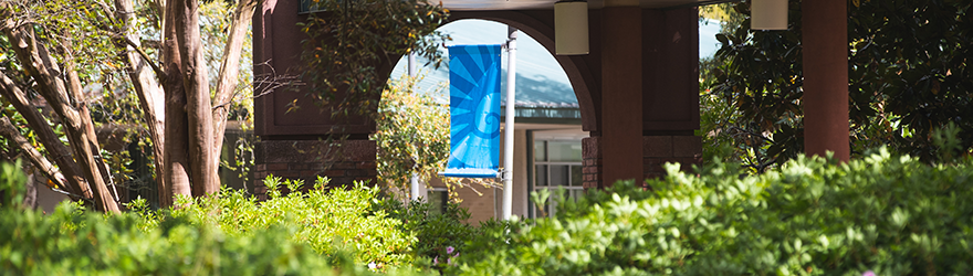 Outdoor view of campus through arch with flagpole banner in distance.