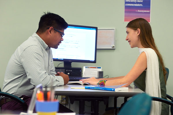 Student engaging with an academic tutor at a desk with a computer.