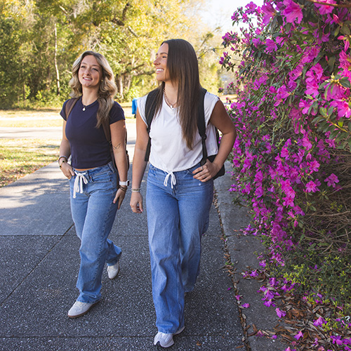 Two students walk together on a sidewalk, smiling, with a bright pink flowering bush on the right.