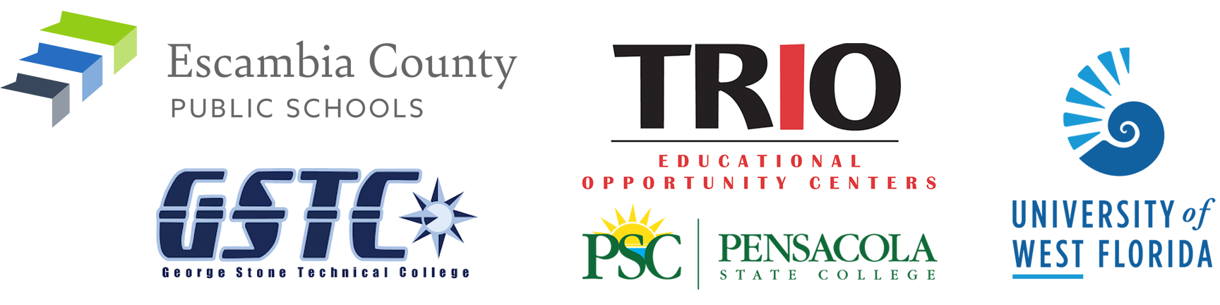 Logos for Escambia County Public School District, George Stone Technical College, Trio Educational Opportunity Centers at Pensacola State College, University of West Florida