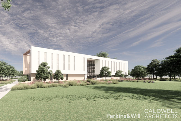 Rendering of a building with large windows surrounded by landscaped greenery and trees. The image displays overlayed text at the bottom right of Perkins and Will as well as Caldwell Architects.