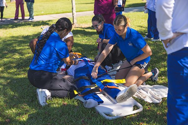 Students assess a simulated patient in an interdisciplinary field exercise.