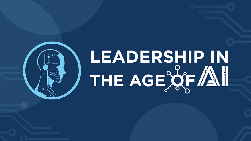Graphic of a circuit-board-style human head beside the title Leadership in the Age of AI.