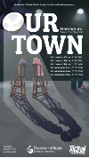 Two actors on ladder with show title and date above