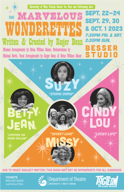 Main characters displayed in retro graphic design style.