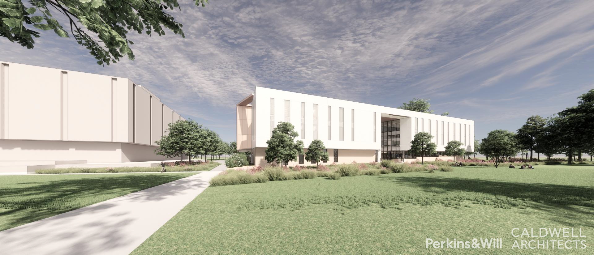 Rendering of a building with large windows surrounded by landscaped greenery and trees. The image displays overlayed text at the bottom right of Perkins and Will as well as Caldwell Architects.