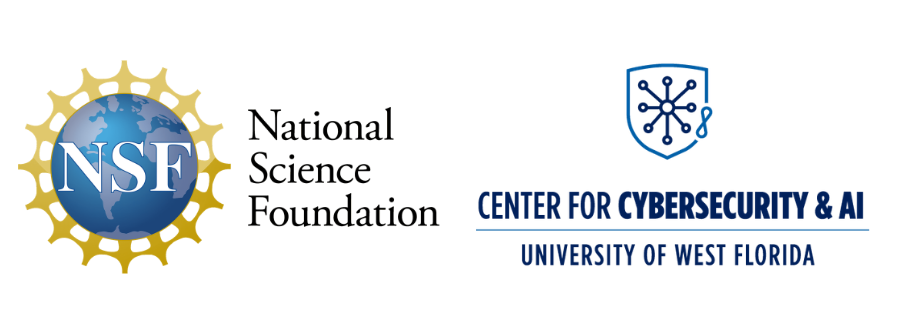 Logos side-by-side featuring the National Science Foundation (NSF) logo on the left and the University of West Florida Center for Cybersecurity & AI logo on the right.