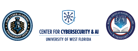 Co-branded horizontal logo banner featuring three organization seals side-by-side[cite: 17]. On the left is the circular seal for the DoD Cyber Academic Engagement Office with a spartan helmet icon surrounded by binary code[cite: 17]. In the center is the logo for the Center for Cybersecurity & AI - University of West Florida with its shield icon[cite: 17]. On the right is the circular seal for th