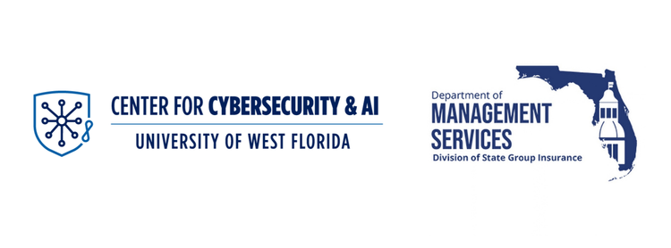 Co-branded logo banner featuring two logos side by side in blue. On the left is the Center for Cybersecurity & AI - University of West Florida logo with its circuit shield icon. On the right is the Florida Department of Management Services - Division of State Group Insurance logo featuring an outline map of Florida and the state capitol dome.