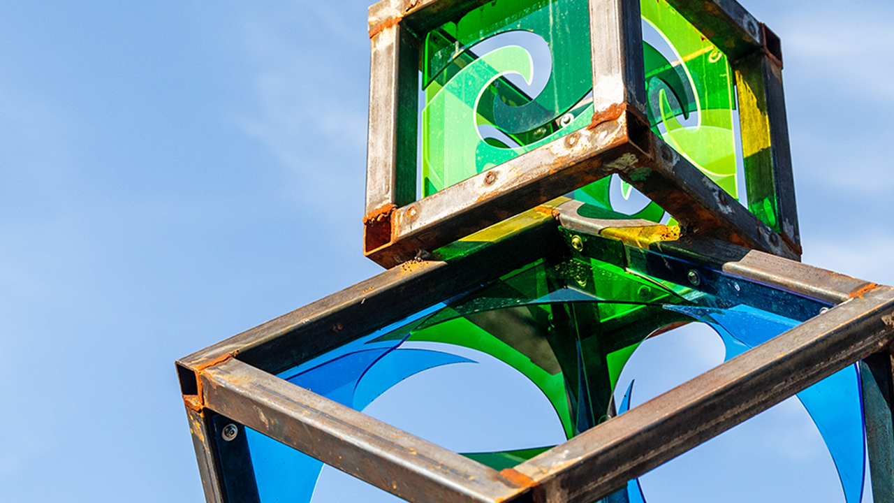 Outdoor nautilus sculpture of blocks