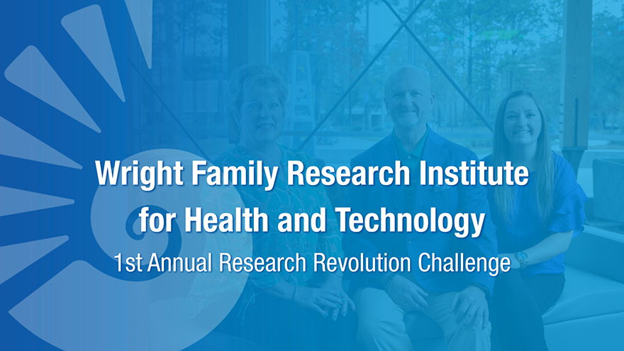 Wright Family Research Institute for Health and Technology 1st Annual Research Revolution Challenge text and nautilus shell graphic overlaid on top of an image of three members of the Wright family sitting on an indoor couch.