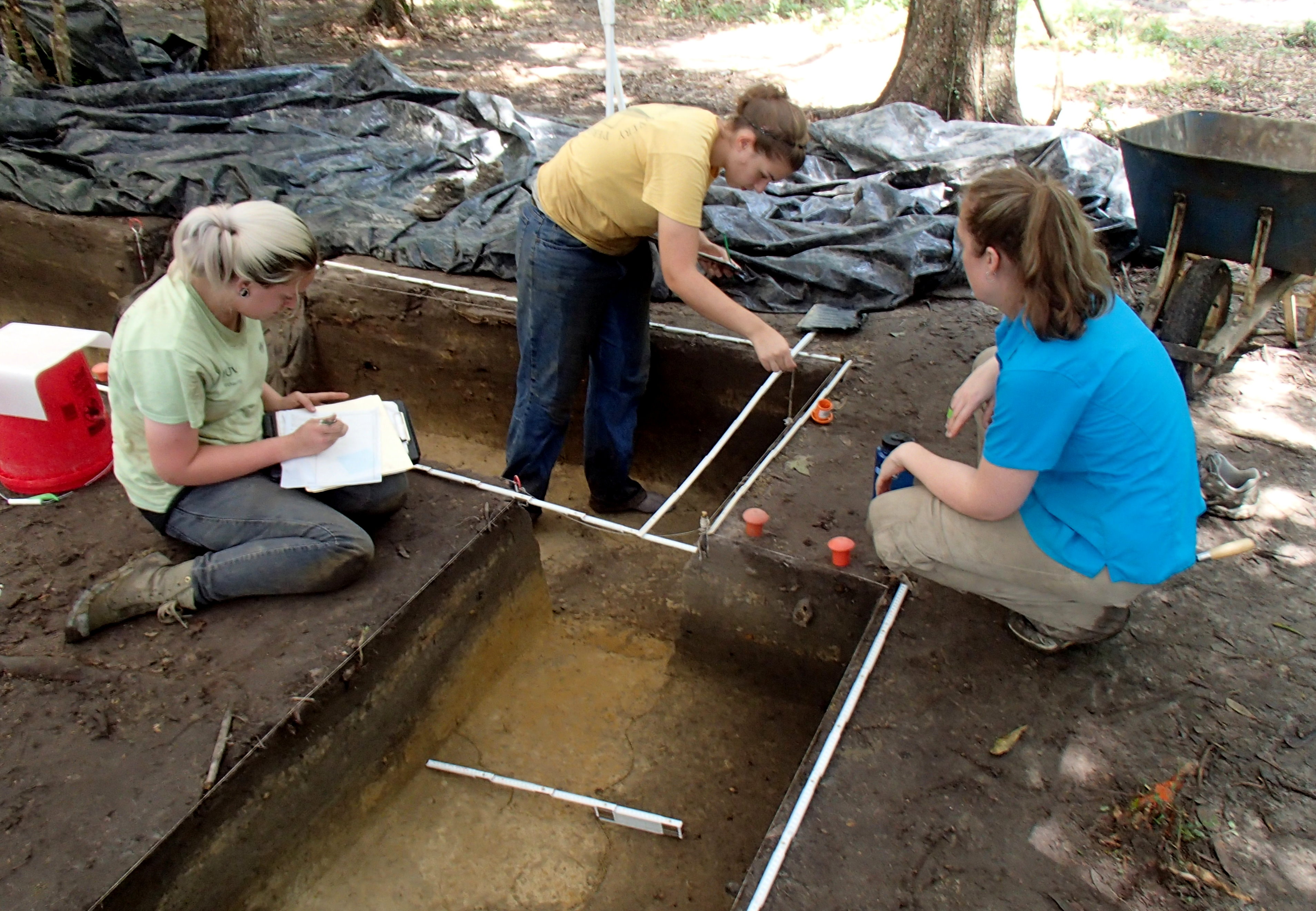 A group of students work on excavating a series of rectangular units
