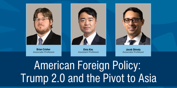 Advertisement featuring three faculty members