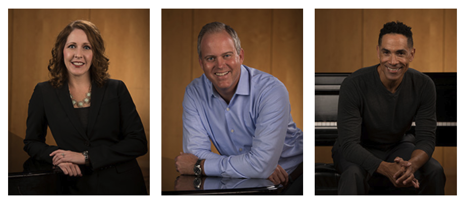 Three separate portraits of faculty smiling while, from left to right, two lean against a piano and the third sits in front of a piano.