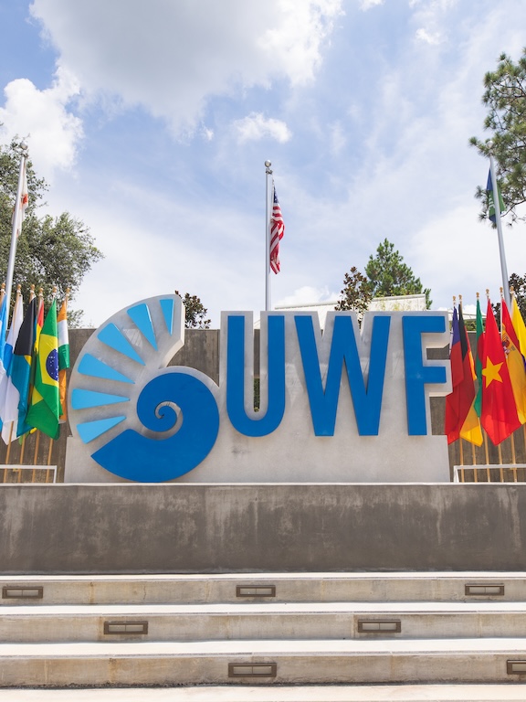 University entrance steps center flag