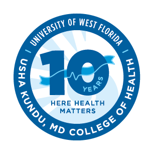 Circular blue and white logo for the 10-year anniversary with the slogan 