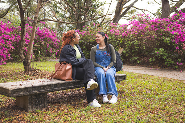 Two students talking while sitting on a concrete bench in front of flowering bushes.