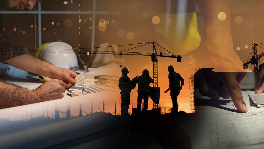 three images in one with hands on floor pans and a silouette of three people at a construction site
