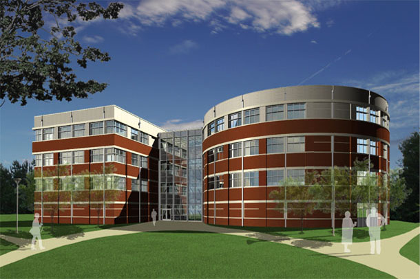 A computer-generated exterior view of Building 4 on the UWF Pensacola campus.