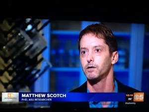 ASU research Matthew Scotch being interviewed on a television broadcast.