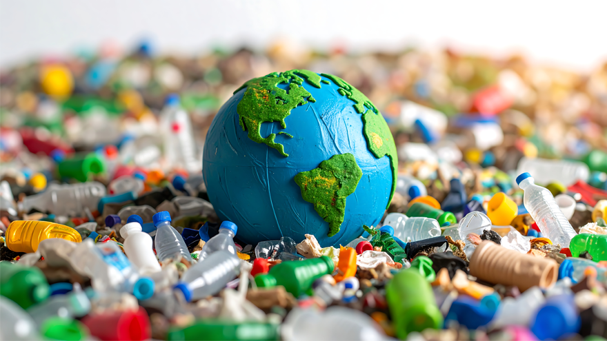 earth-shaped stress ball surrounded by an abundance of plastic