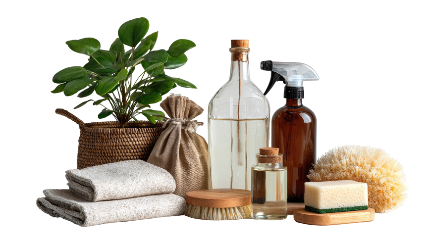 From left to right, green plant in pot behind two small towels next to three different sized bottles of cleaner but in natural tones