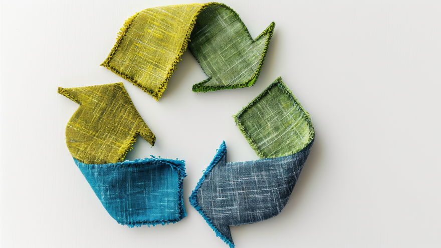 a recycle symbol made of clothing that is lime green, emerald green and blue