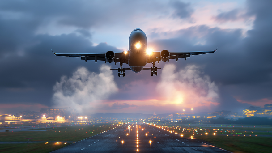 Front end of plane taken off from airport runway at night