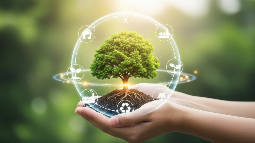hands holding an earth showing the different symbols of conservation and biodiversity around it