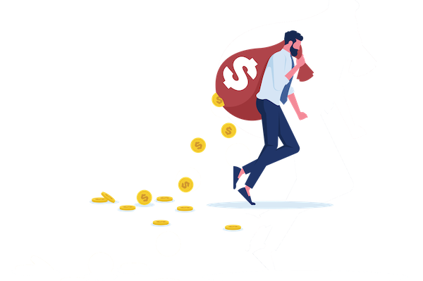 Man running with red money bag and coins dropping out of bag