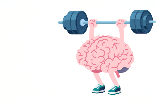 Brain with legs holds barbell with heavy weights on each side over head