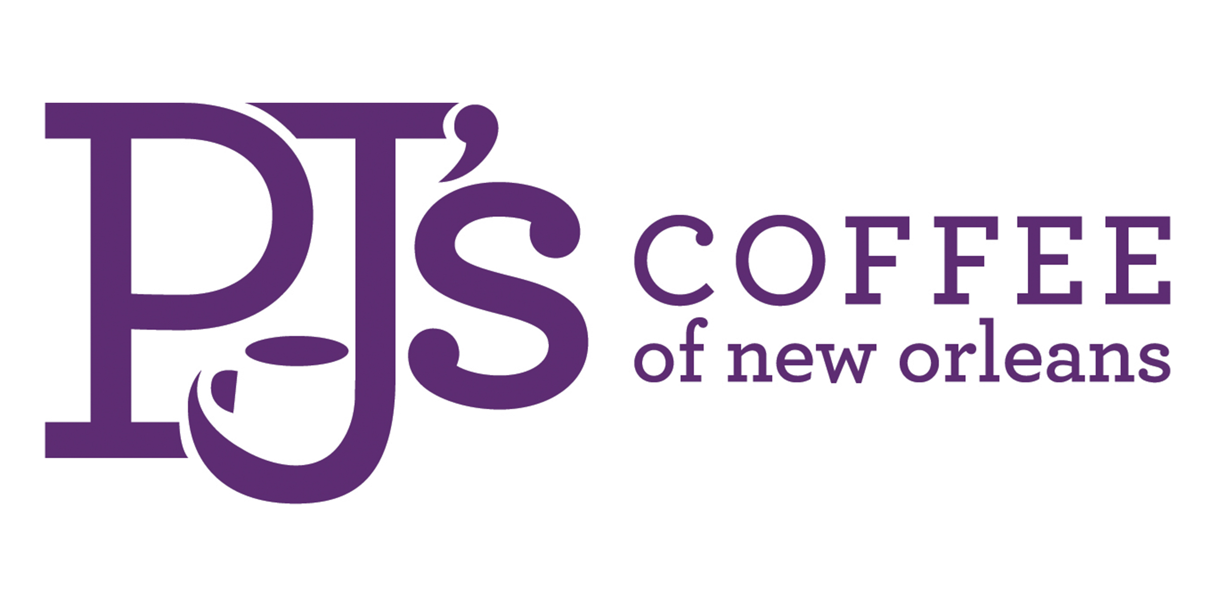 Logo with PJ's in large purple letters with the words coffee of New Orleans in smaller font.