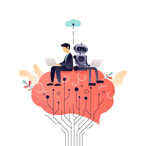 A man and a robot sitting on a brain flying in the air