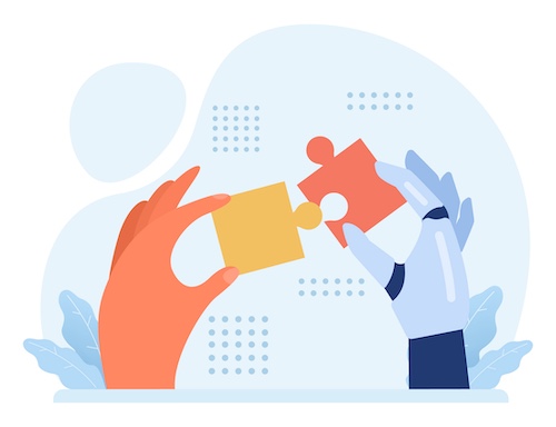 Human hand and robot hand putting puzzle pieces together