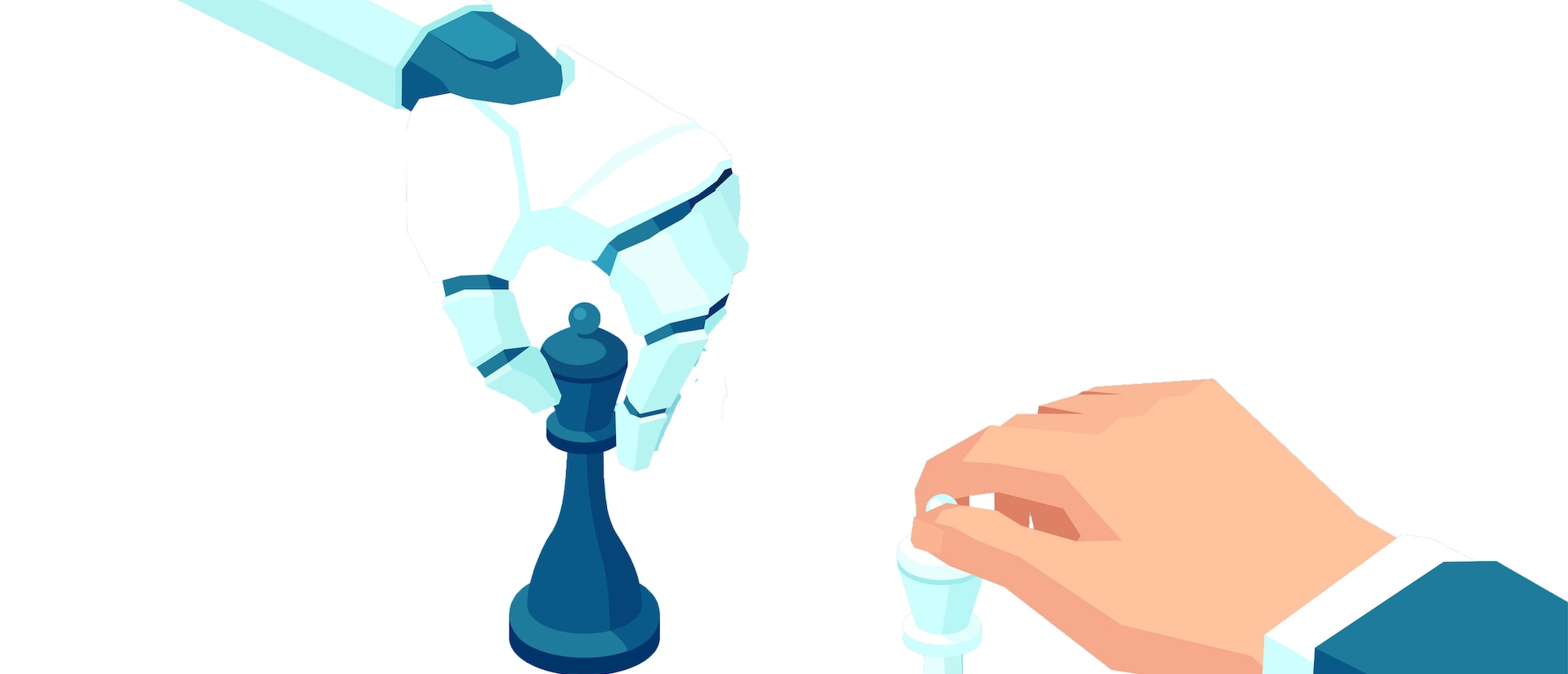 Robot hand moving a chess piece while human hand holds chess piece