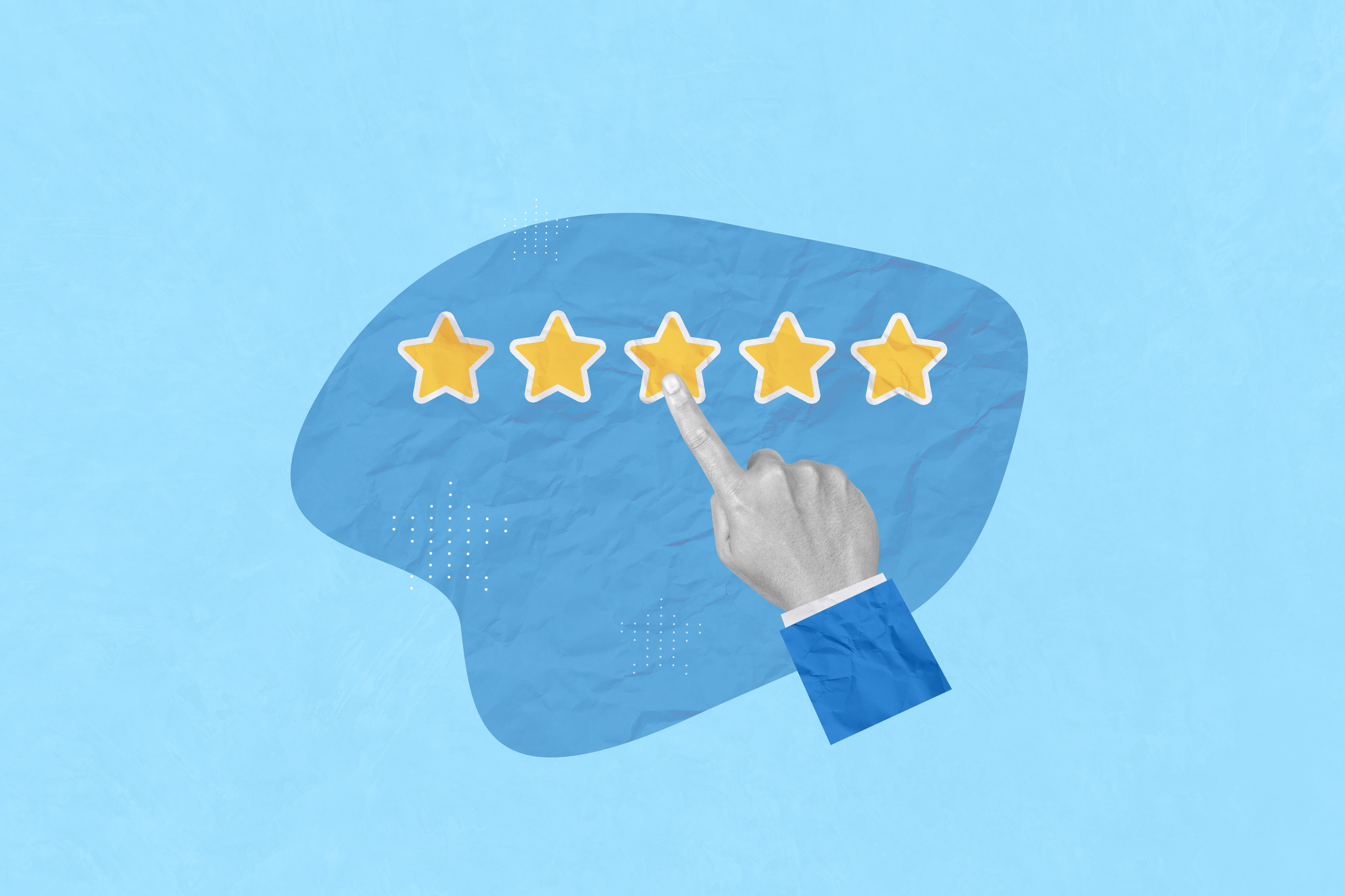 The hand of a man points to five yellow stars in a blue cloud