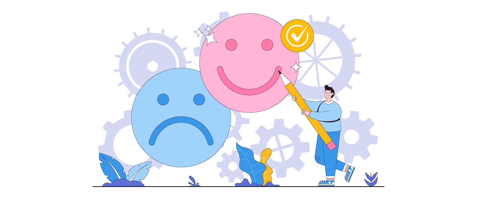 A man with a pencil draws a smile on a pink face