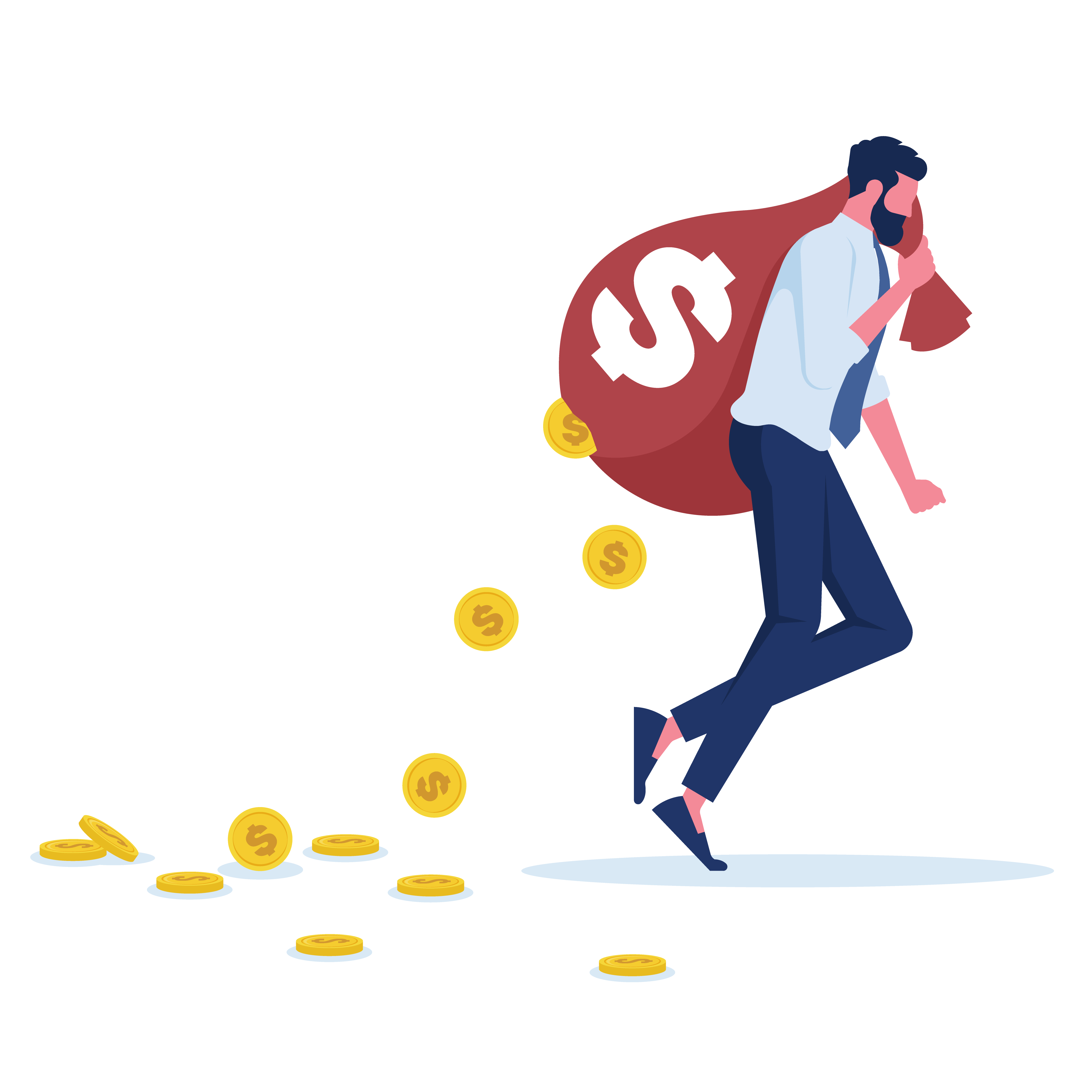 Man running with red money bag and coins dropping out of bag