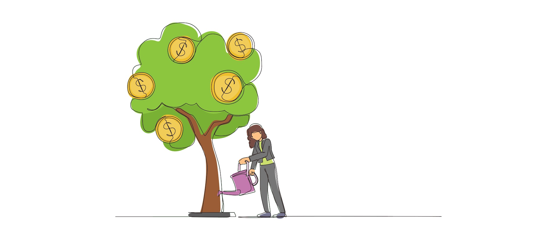 Woman pours water at the bottom of a tree with coins in the leaves