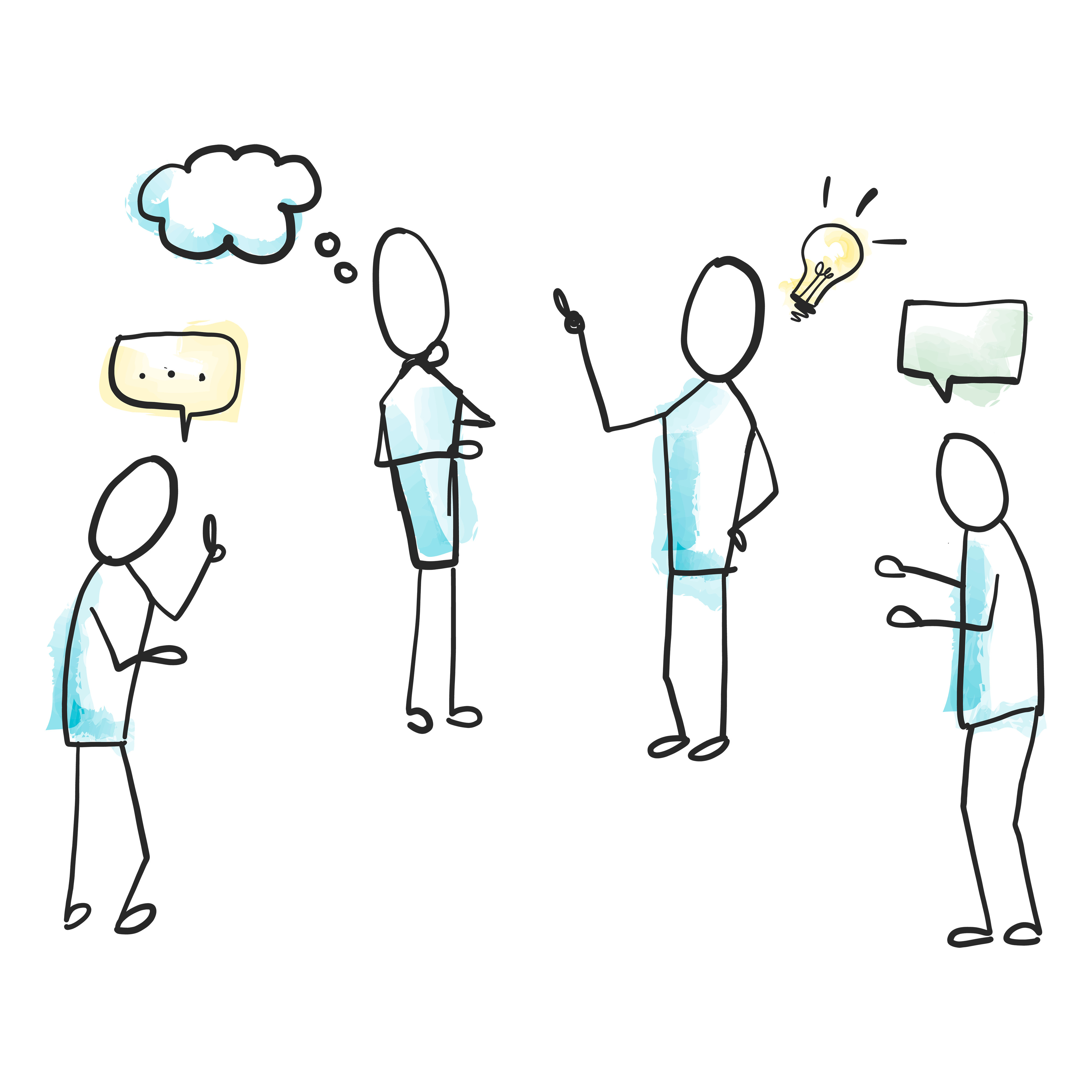 Four characters standing with bubbles over their heads as if thinking