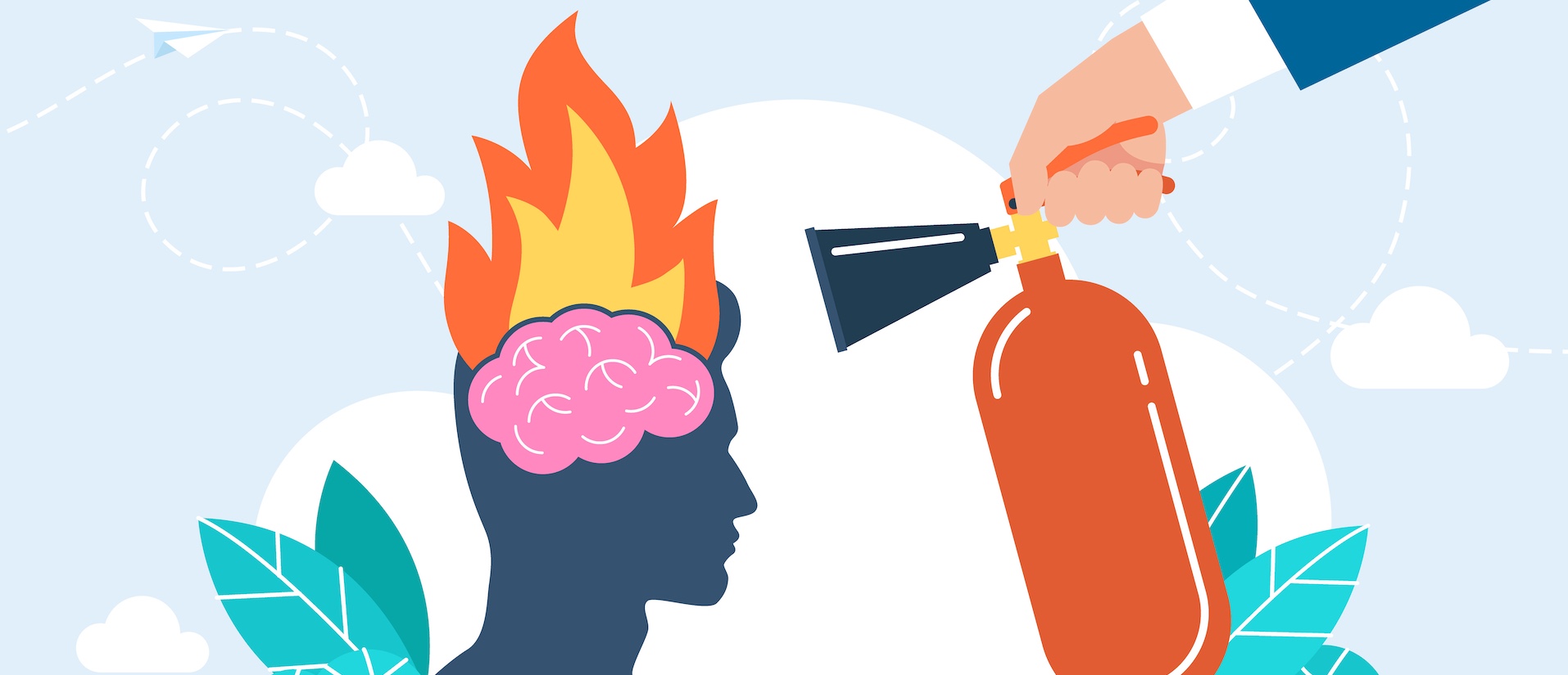 Illustration of a man using a firehose to put out a fire on top of a man's head