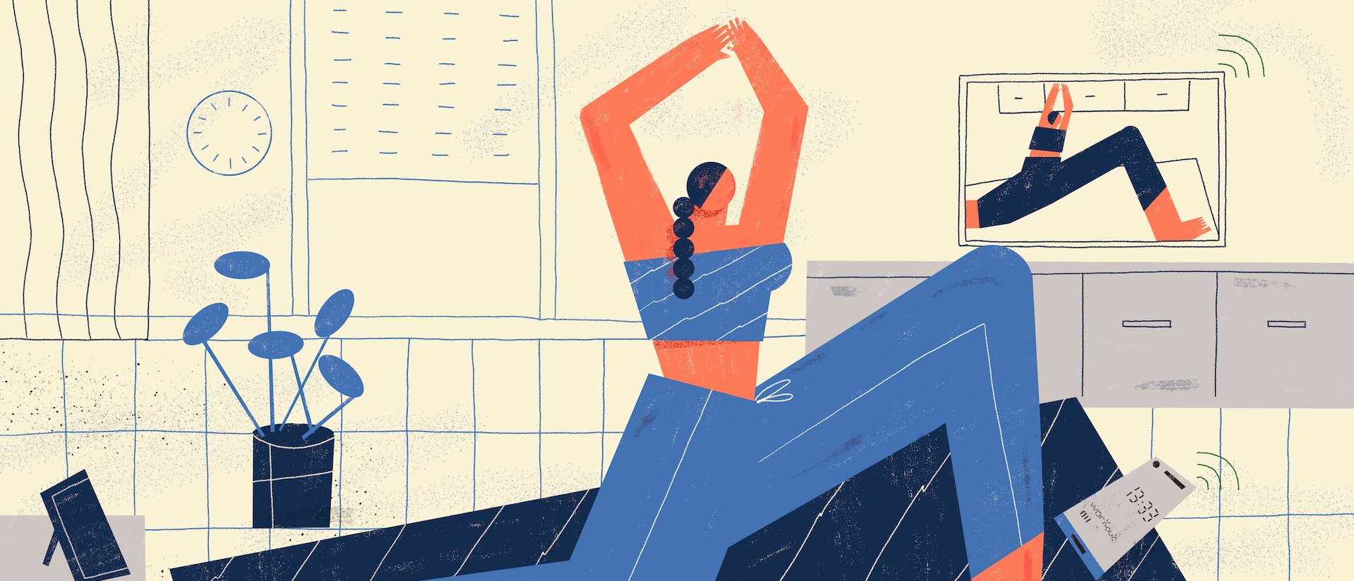 A woman dressed in blue yoga pants and a blue top in a yoga pose on a dark blue mat